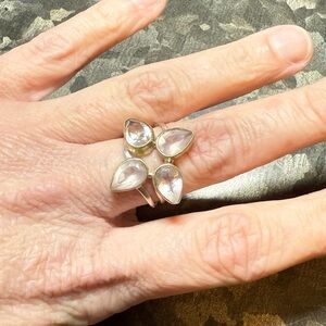 Sterling Silver 925 Two Tone Quartz Pear Shaped 4 Stone Gemstone Cluster Ring